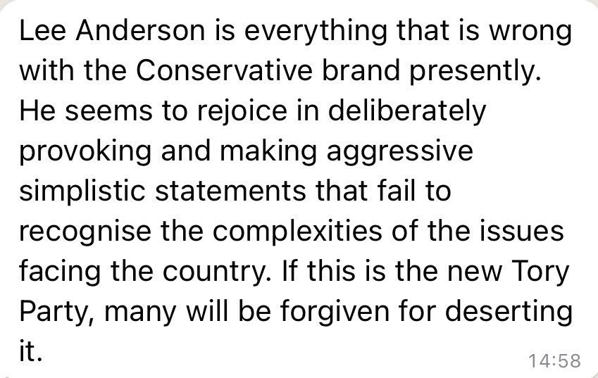 One Tory MP writes of Lee Anderson, marked for wider distribution: