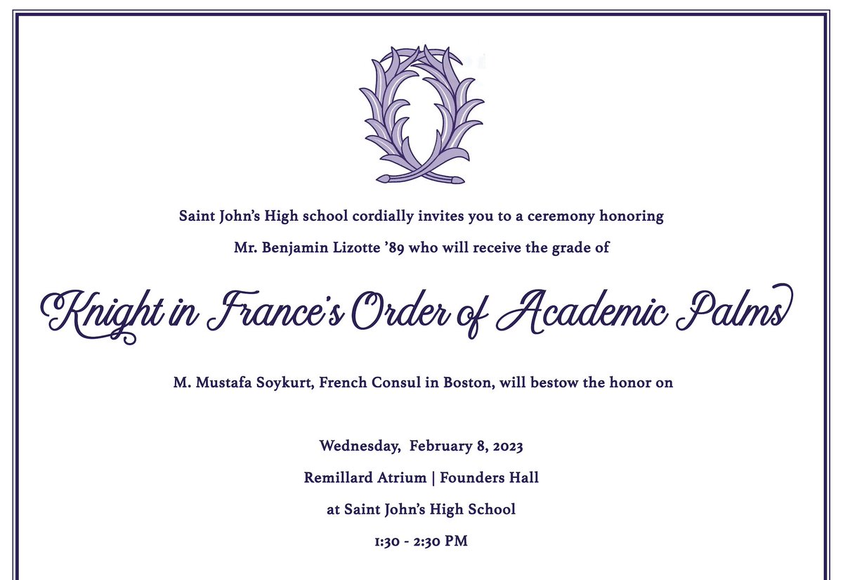 SJShrewsbury's tweet photo. SJ faculty member Mr. Benjamin Lizotte has been selected for induction into the French Republic’s prestigious Ordre des Palmes Académiques (Order of the French Academic Palms) at the grade of Chevalier (Knight).

Congratulations Mr. Lizotte and thank you for all that you do! https://t.co/J2KHvJ4Bax