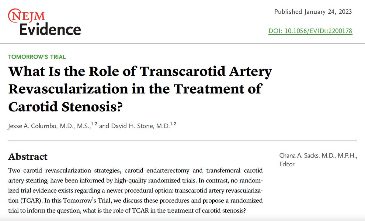 The use of carotid endarterectomy and transfemoral carotid artery stenting have both been informed by #RCTs, but no RCT evidence exists for transcarotid artery revascularization. This edition of Tomorrow’s Trial proposes a trial to address that gap. eviden.cc/3IGN9Q7