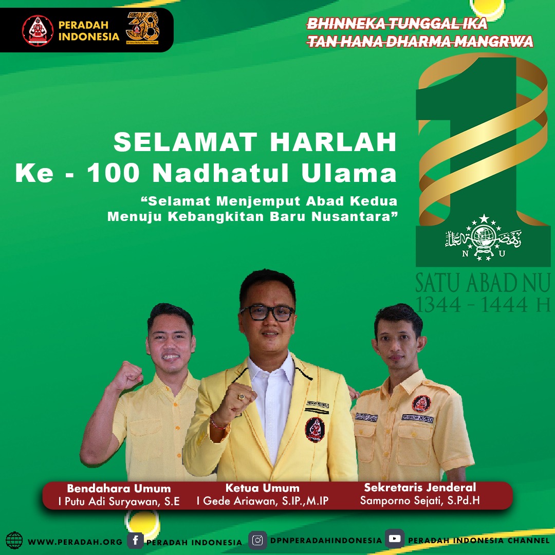 Selamat Hari Lahir Ke -100 Nadhatul Ulama, Selamat menjemput abad kedua menuju kebangkitan nusantara.

Selengkapnya tentang Peradah
peradah.org
Facebook: Peradah Indonesia
Instagram: dpnperadahindonesia
YouTube: Peradah Indonesia Channel

#peradah #peradahjaya