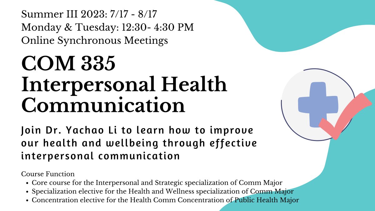 TCNJCOM's tweet photo. Looking for a summer course? Consider COM 335 Interpersonal Health Communication with Dr. Li! #TCNJCOM #TCNJToday https://t.co/4F1L9WuvNN