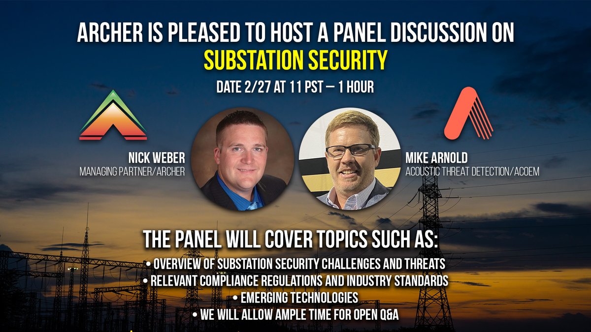 archersec's tweet photo. Stay ahead of the game in #SubstationSecurity & #CIP014 compliance. Join us for a panel discussion w/ industry experts! Improve physical security & guard against acoustic attacks. Register now! #PhysicalSecurity
https://t.co/B5CwgGPjjs https://t.co/lKvVrN3QOy