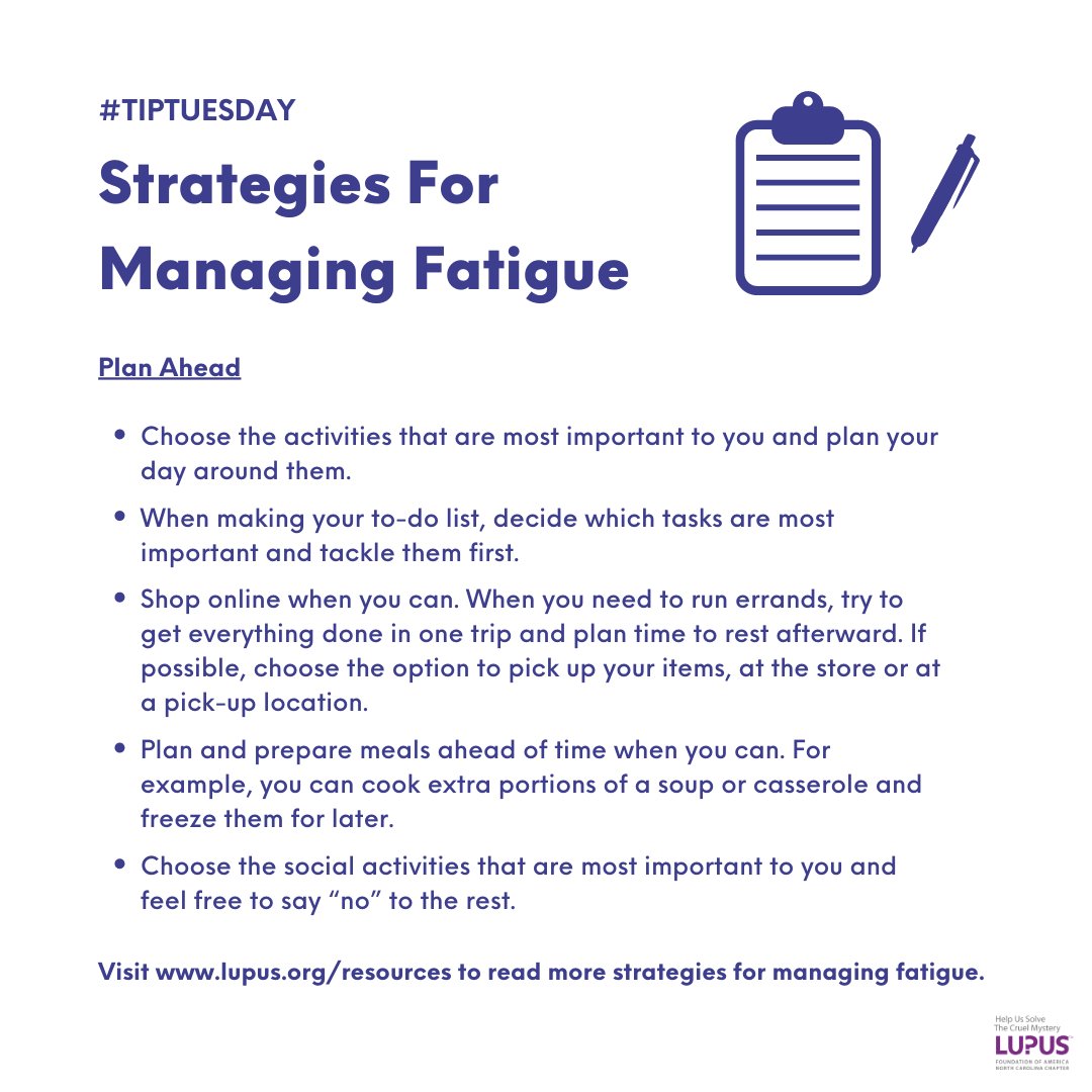 LupusNC's tweet photo. Visit https://t.co/jHXTP35abV to read more strategies for managing fatigue.
#LFANC #Lupus #TipTuesday https://t.co/lBoOVhoqCF