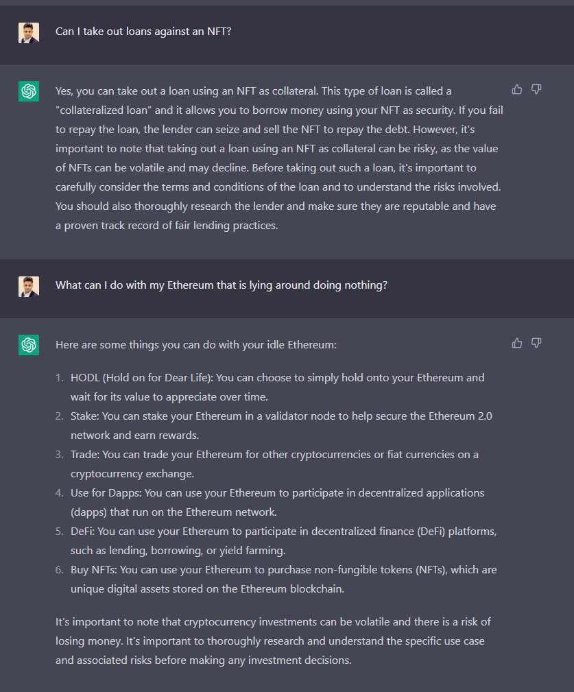 What is your Ether doing right now? #ChatGPT is probably already lending it for NFT loans. 🧠

#Web3 #AI