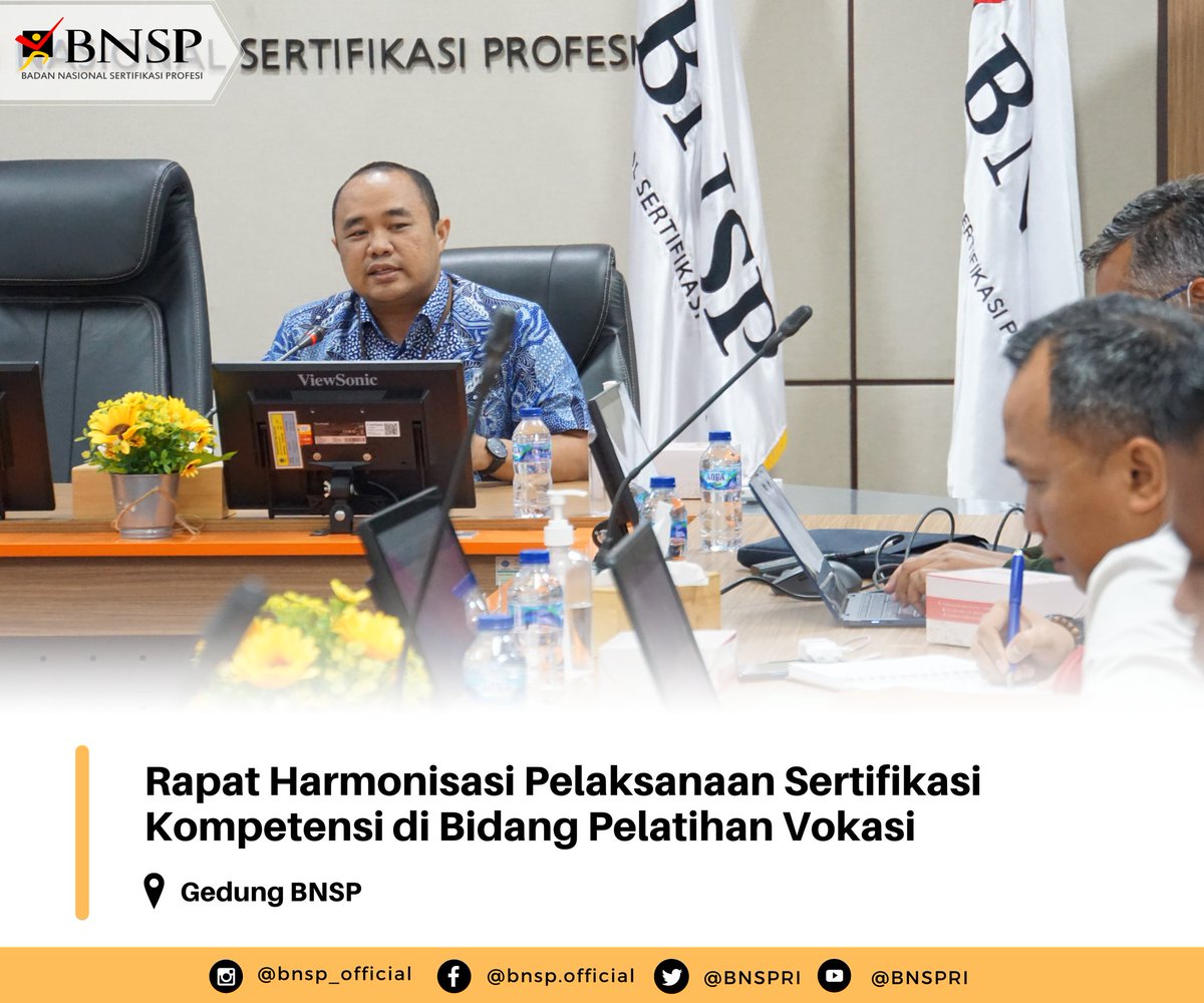 BNSP dan Kemnaker melaksanakan rapat harmonisasi pelaksanaan sertifikasi kompetensi di bidang pelatihan vokasi pada 7 Februari 2023, di Gedung BNSP.

Rapat di pimpin oleh Wakil Ketua BNSP, Bapak Miftakul Azis.