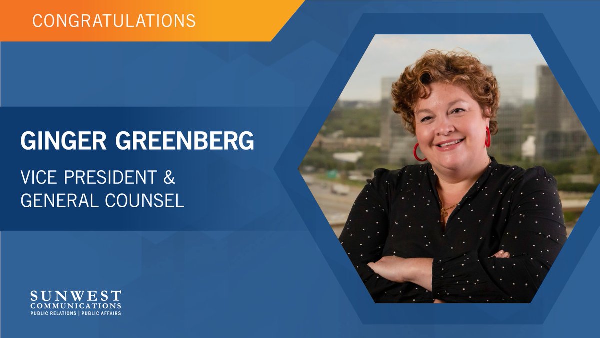 Join us in congratulating Ginger Greenberg on her promotion to Vice President &amp; General Counsel! We are grateful to call Ginger a Sunwester for so many reasons, including the tremendous role she plays in making the #SunwestPR culture incomparable.