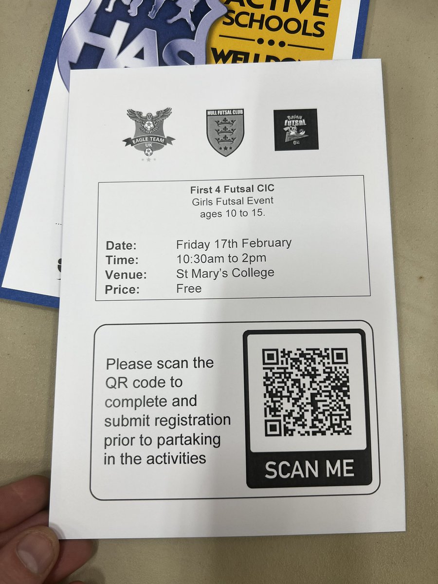 HullActiveSch's tweet photo. All set for tonight’s U9s Boys/mixed &amp; U11s Girls Futsal finals at @HullUniSport 

@AcademyHull delivering &amp; providing community exit routes for the Girls during half term alongside @EagleTeamUk (check out the QR code Girls)

#First4Futsal #GetHullActive https://t.co/nJCSIQml6y
