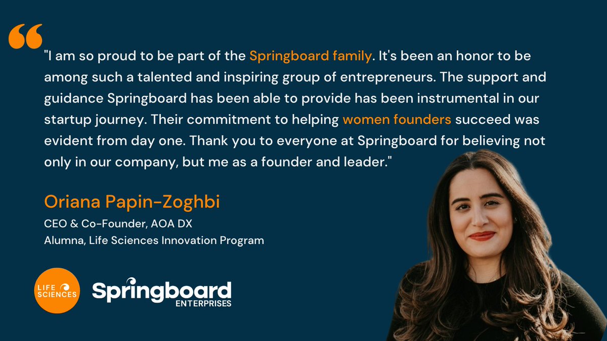 Oriana Papin-Zoghbi @orianazh, CEO & Co-founder of @AOA_DX & @SpringboardEnt Life Sciences Innovation Program Alumna, speaks on her time in the program & the support we provide for women entrepreneurs! Stay tuned for our 2023 Life Sciences Innovation Program cohort announcement!