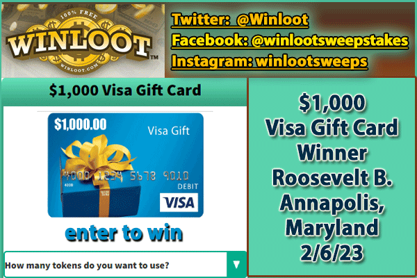 Winloot's tweet photo. 🥳
We are so excited to congratulate Roosevelt B. of Annapolis, Maryland, on winning the $1,000 Visa Gift Card Token Entry #Giveaway! 

Enter to be our next lucky winner: https://t.co/d7RCpy95lH

#VisaGiftCard #FreeMoney #BigWinner #GiftCardWinner https://t.co/pMHV8PG7c6