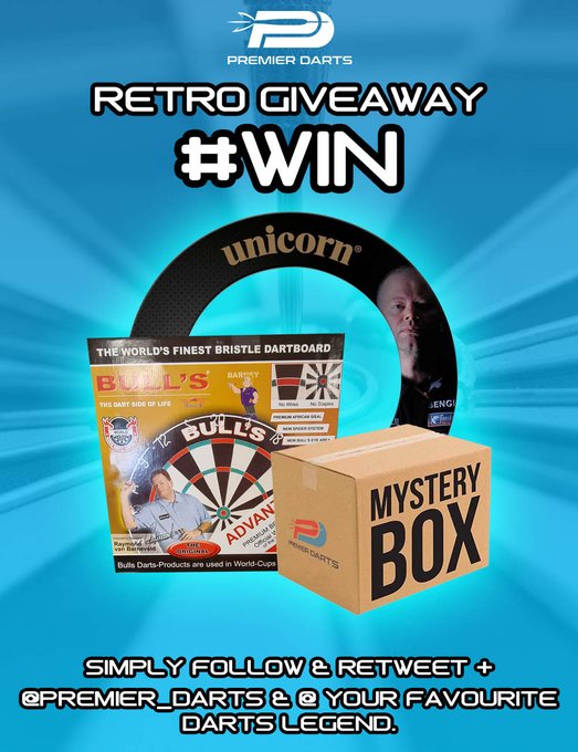premier_darts's tweet photo. #WIN Retro Darts Giveaway! Last Chance

RvB World Champion Surround
+ Bull's Advantage II RvB Dartboard
+ Retro Mystery Box

👉Simply Follow Us &amp; Retweet + @premier_darts + @ Your Favourite Darts Legend.

Good Luck All! Drawn at 4k Follows

#Giveaway  #Contest  #Competition https://t.co/tsdcXm2kUl