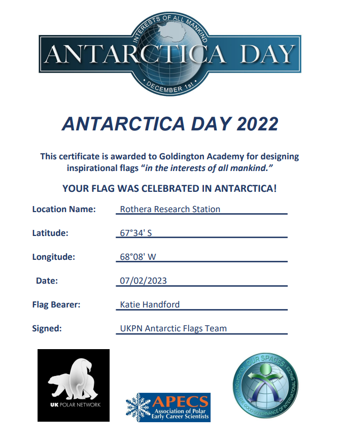 GoldingtonAcad's tweet photo. We are so excited to see some of our Year 8 flags about the importance of Antarctica in Antarctica! A huge thanks to Katie Handford and the @UKPolarNetwork for making this possible. Well done to our Year 8 Geographers. #geogrocks https://t.co/YU93abtRFw