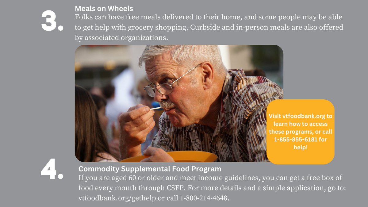 If you or someone you know needs help getting food, we can help. Vermont programs can help you stretch your budget so you can get the resources you and your family need. To learn more about resource options, visit vtfoodbank.org/coronavirus-se…