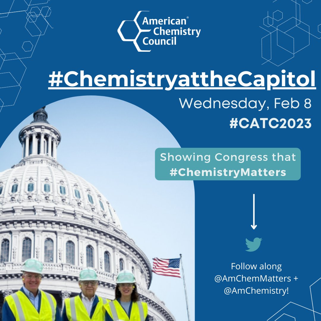 It's happening! We're gearing up for #ChemistryattheCapitol TOMORROW. <a href="/AmChemistry/">American Chemistry</a> members from across the country will meet with their representatives to discuss why #ChemistryMatters to:
➡️ U.S. Competitiveness
➡️ Sustainability
➡️ A Thriving Economy 🇺🇸

Follow along! #CATC2023