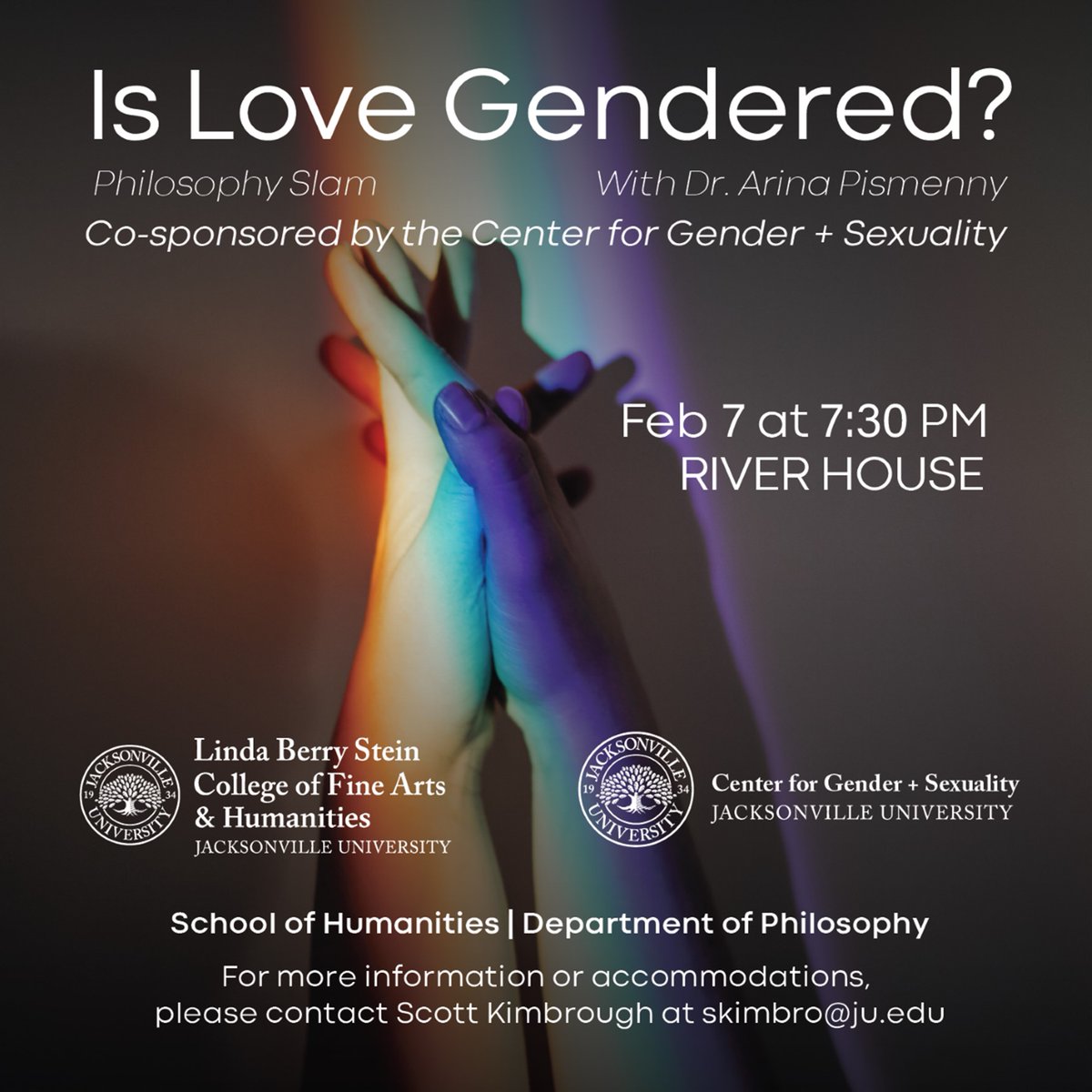 JU_EVP's tweet photo. Join us for tonight's #PhilosophySlam co-sponsored by @center_ju, "Is Love Gendered?" in the River House at 7:30PM with Dr. Arina Pismenny, an Assistant Instructional Professor in Philosophy at @UF.
#AcademicTwitter https://t.co/vYFST9esF8