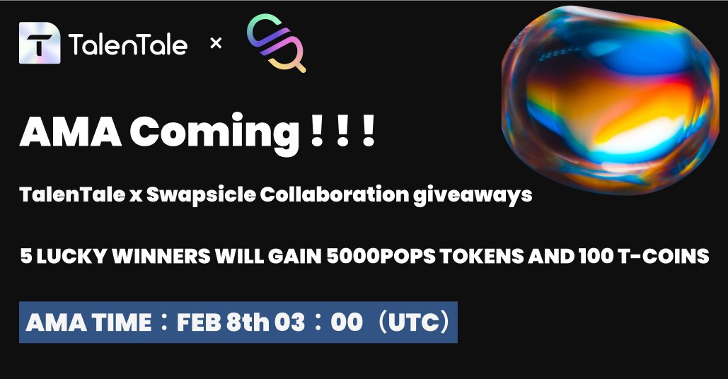 TalenTale_Dapp's tweet photo. We are giving away 100 T-coins and 5000POPS tokens for the collaboration with
@SwapsicleDEX
a comprehensive decentralized trading platform
❤Follow
@TalenTale_Dapp
&
@SwapsicleDEX
✅Complete: https://t.co/eEY1TZzrdM
#Giveaway #NFT #Talentale #Swapsicle https://t.co/AcKtHVBQil