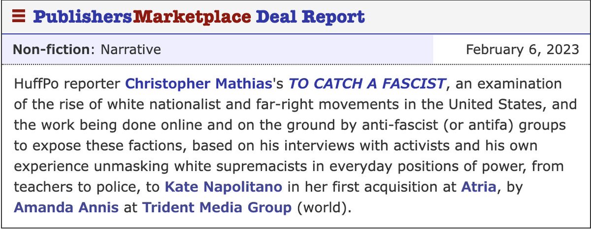 Some news: I'm writing a book about exposing fascists & the people who expose them. It's a collection of antifascist detective stories, a narrative history of antifa in America, & a look at the impact of doxes in communities across the country. Can't wait for you all to read.