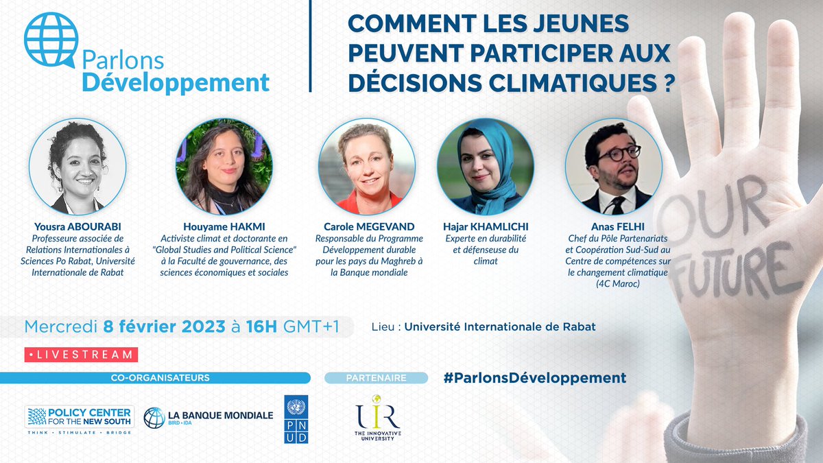 📅 J-1 pour #parlonsdéveloppement

✅Les expertEs seront invitéEs à débattre de la participation des jeunes aux décisions climatiques. 

📅 mercredi 08 février 2023 à 16h00 GMT+1.
👉 bit.ly/3DNQ8Dh