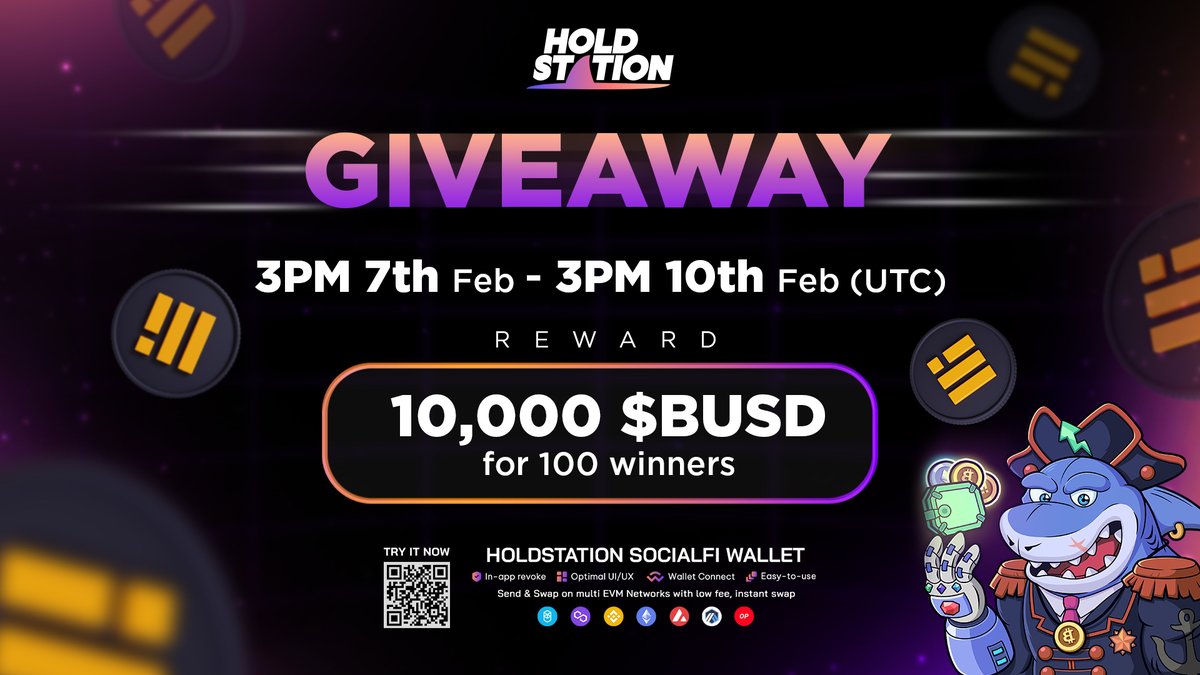 HoldstationW's tweet image. 💰 #Giveaway alert: 10,000 $BUSD up for grabs for #Holdstation Fam. 

Don't miss out on this opportunity to boost your portfolio 💜🦈

⌚ 2 PM 7th Feb - 2 PM 10th Feb (UTC)
🎁10,000 $BUSD for 100 lucky winners
👉JOIN NOW: galxe.com/Holdstation/ca…

#Airdrop
