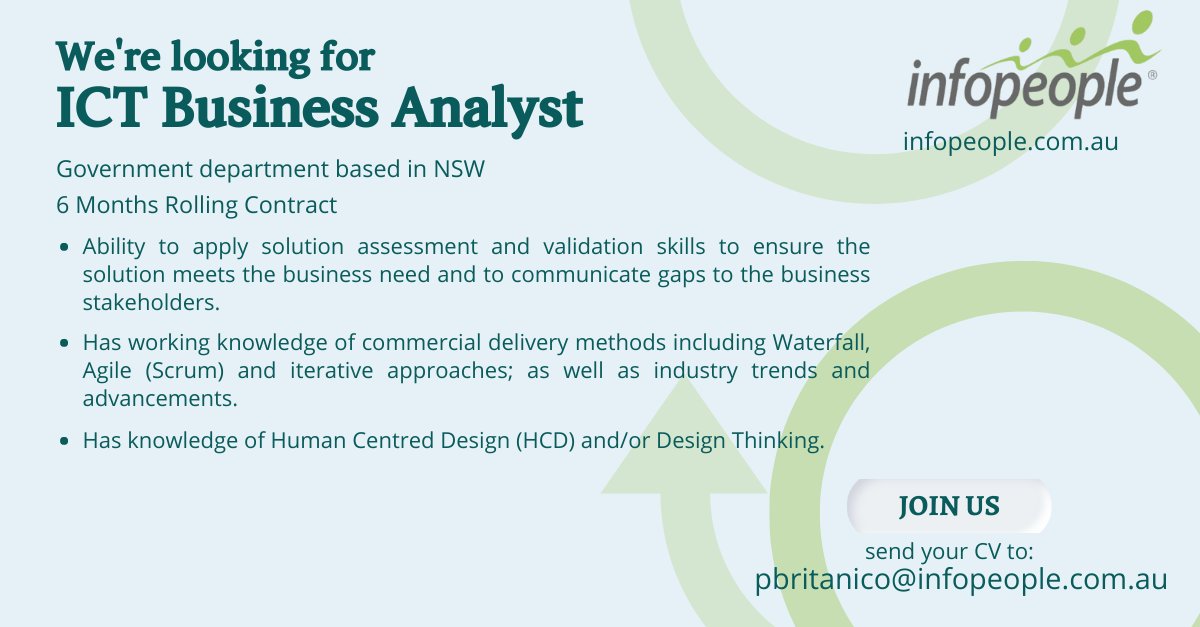 Infopeopleau's tweet photo. Infopeople is #hiring! 📣📣📣

If you’re looking for a new role in #sydney, get in touch with Paula Britanico at 0482 076 601 / pbritanico@infopeople.com.au.

#hiringnow #ictbusinessanalyst #ictbusiness #agilemethodology #HCD https://t.co/izooEXH8Nt
