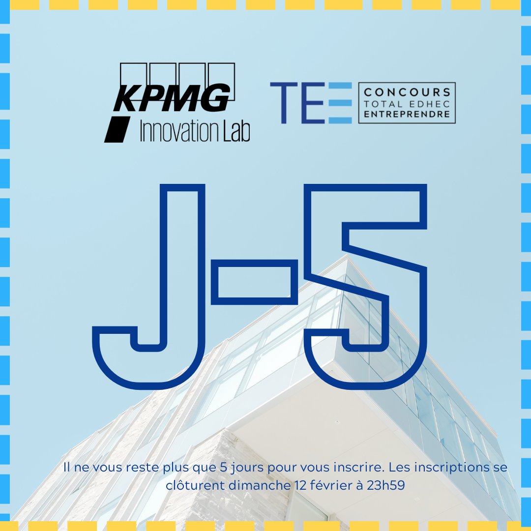 [DERNIER RAPPEL]

Dernière ligne droite pour s’inscrire au Concours <a href="/concoursTEE/">Total EDHEC Entreprendre</a> dont KPMG Innovation Lab est partenaire pour la seconde année consécutive.

Pour s’inscrire > > > concours-tee-2023.selecteev.io/apply (jusqu’au 12 février inclus).