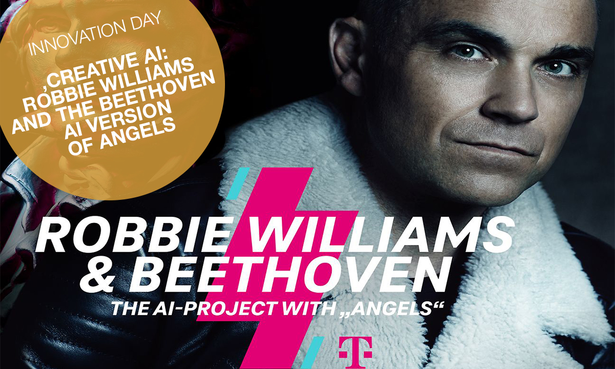 IMZMedia's tweet image. Join @matthiasroder, CEO of @_The_Mindshift in his presentation of "Creative AI: Robbie Williams and the Beethoven AI Version of Angels" to learn more the AI-enhanced version of “Angels” by @robbiewilliams @deutschetelekom ➤ bit.ly/innovation-day…
