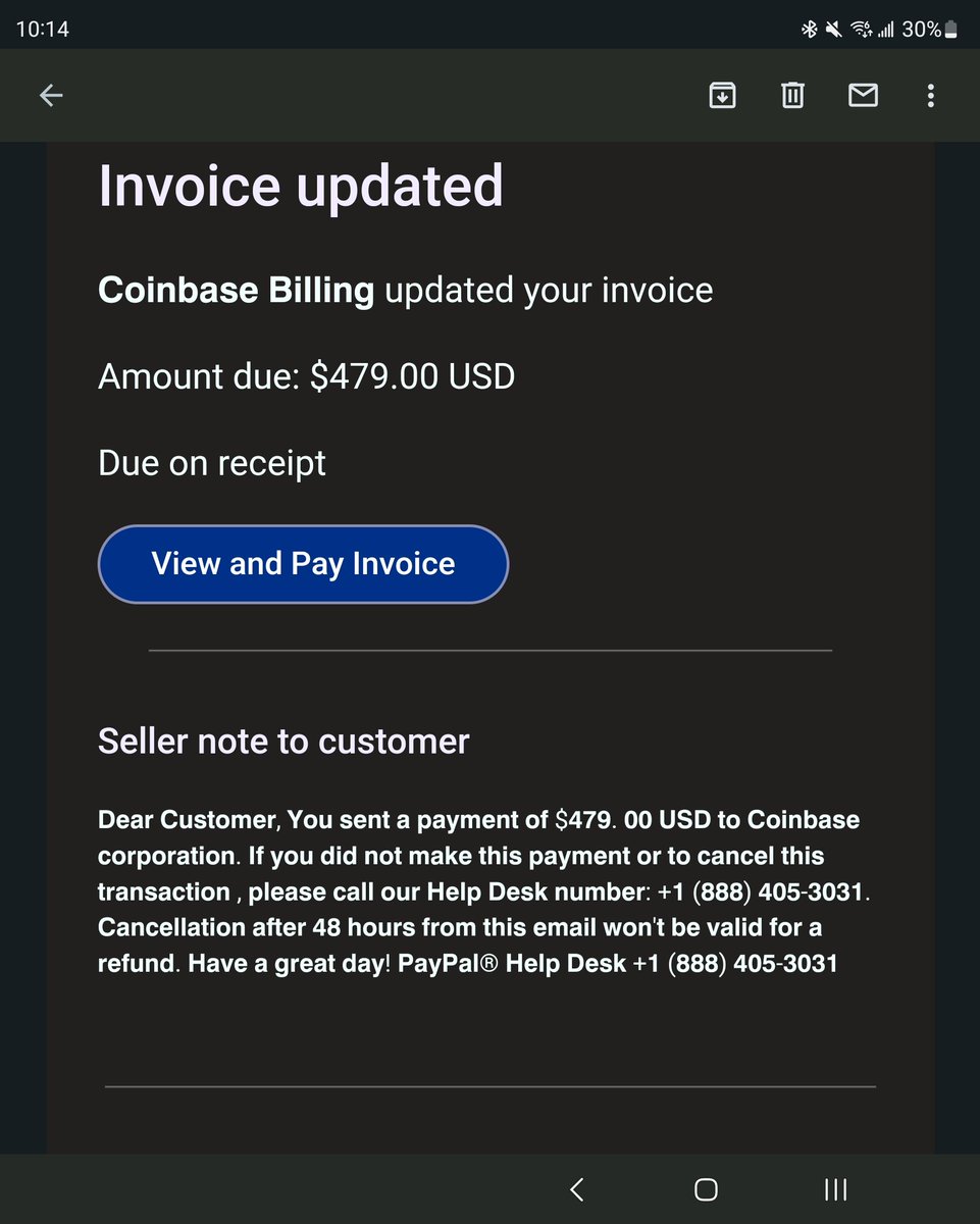 Fake <a href="/Coinbase/">Coinbase 🛡️</a> spam is getting worse. Now they're targeting my <a href="/PayPal/">PayPal</a> account as if I owe anything lol. Because anyone who gets these. The scammers actually send you an invoice to your PayPal account.