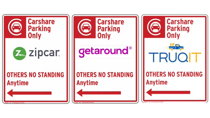 Three Carshare parking only other no standing any time signs. One for zipcar, one for getaround and one for truqit.