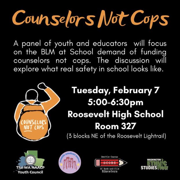 Seattle, I hope to see you at the #CounselorsNotCops event tonight— part of #BlackLivesMatterAtSchool week of action. 

I’ll be speaking on the history of how cops got in schools in the first place—& black youth will talk about why replacing them w/ counselors will create safety.