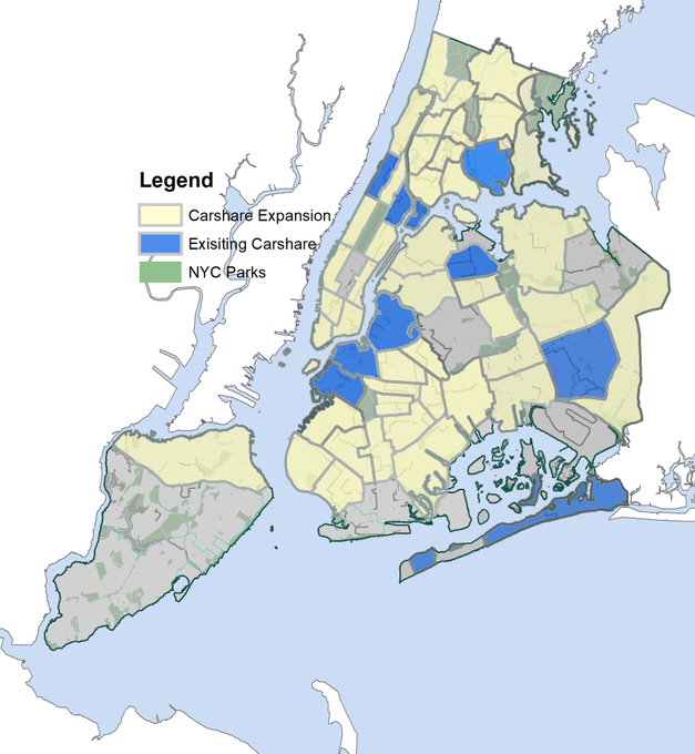 A map of the five boroughs showing where carshare currently exists, a large expansion area across all five boroughs. The map also shows parkland. 