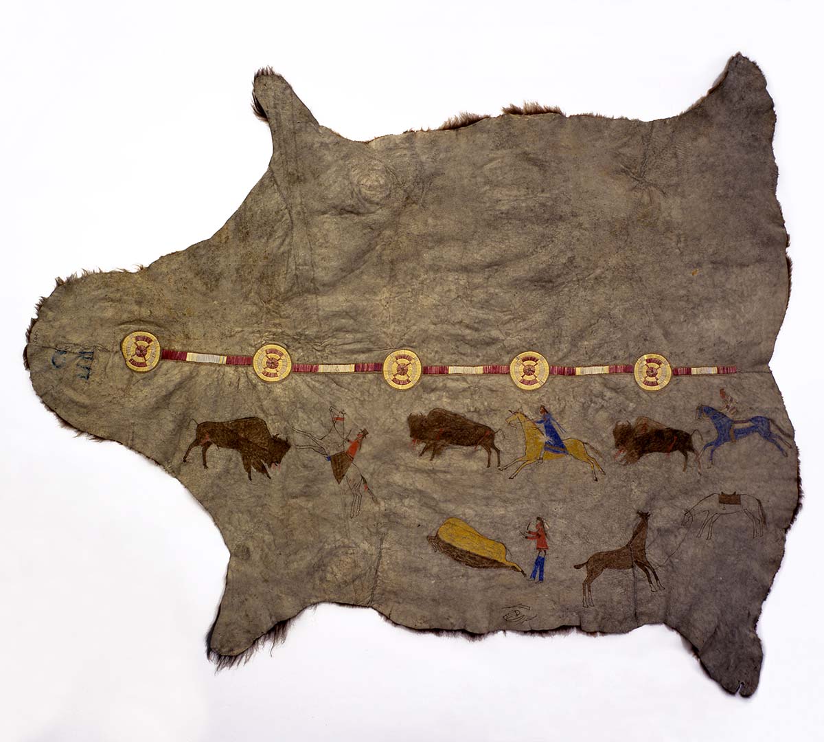centerofthewest's tweet photo. The versatile painted buffalo hide: traditionally used by Plains Native peoples for clothing, bedding, tipi coverings, even as records called winter counts. This one, ca. 1875, records a successful buffalo hunt.
https://t.co/czr7OUk9eR
#buffalohide #wintercount #centerofthewest https://t.co/UG0Tgn0nAo