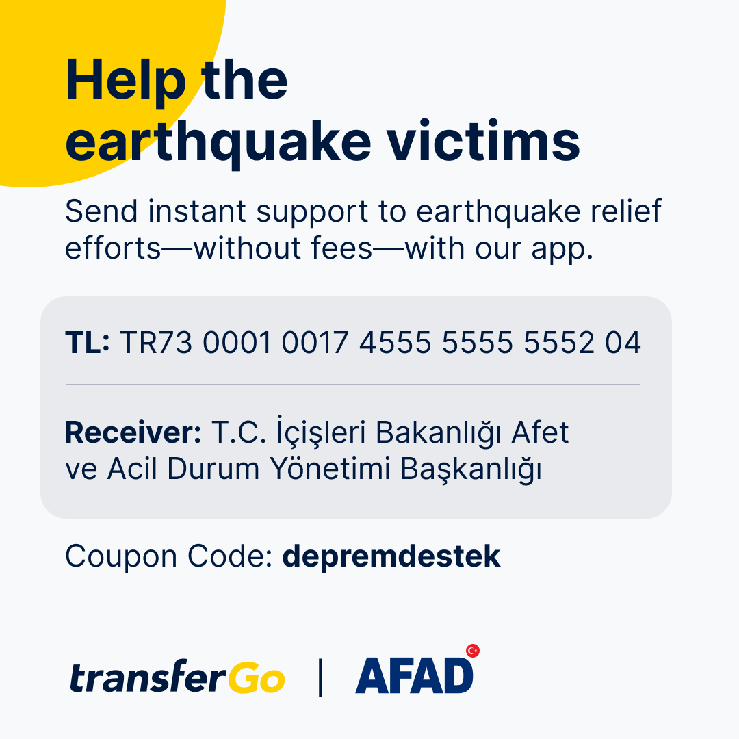 TransferGo's tweet image. Support the earthquake relief effort on both sides of the Turkey-Syria border. Use these details to make sure your money gets to the right people, fast.
#ahbap #afad #akut #depremyardımı #earthquakeTurkiye #earthquake