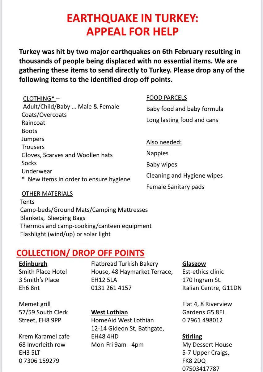 I can't find the words to describe what's happening in Turkey.
If you consider helping in some way, here are some essential items that you may bring to the drop off points and some official/trusted organisations that you can donate:
ahbap.org/disasters-turk…
en.afad.gov.tr/earthquake-don…