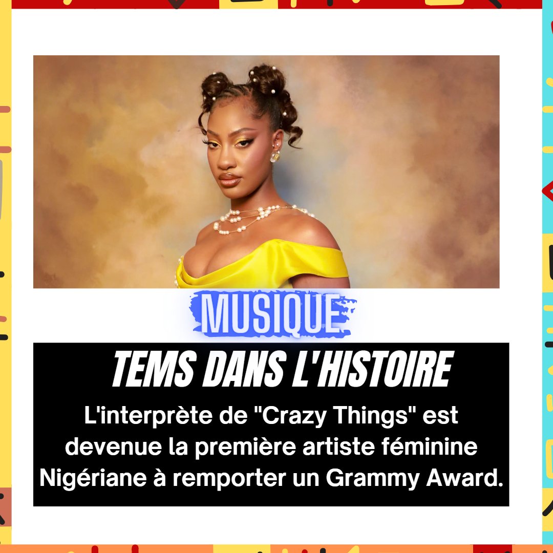 ✨ <a href="/temsbaby/">TEMS</a> est devenue Dimache soir, la première Musicienne Nigériane à glaner une récomoense lors des prestigieux #GrammyAwards 
🎶 Elle a décroché la récompense de la "Meilleure Performance de Rap Mélodique" pour sa collaboration avec <a href="/future/">Future</a> et <a href="/Drake/">Drizzy</a>  "Wait for U"