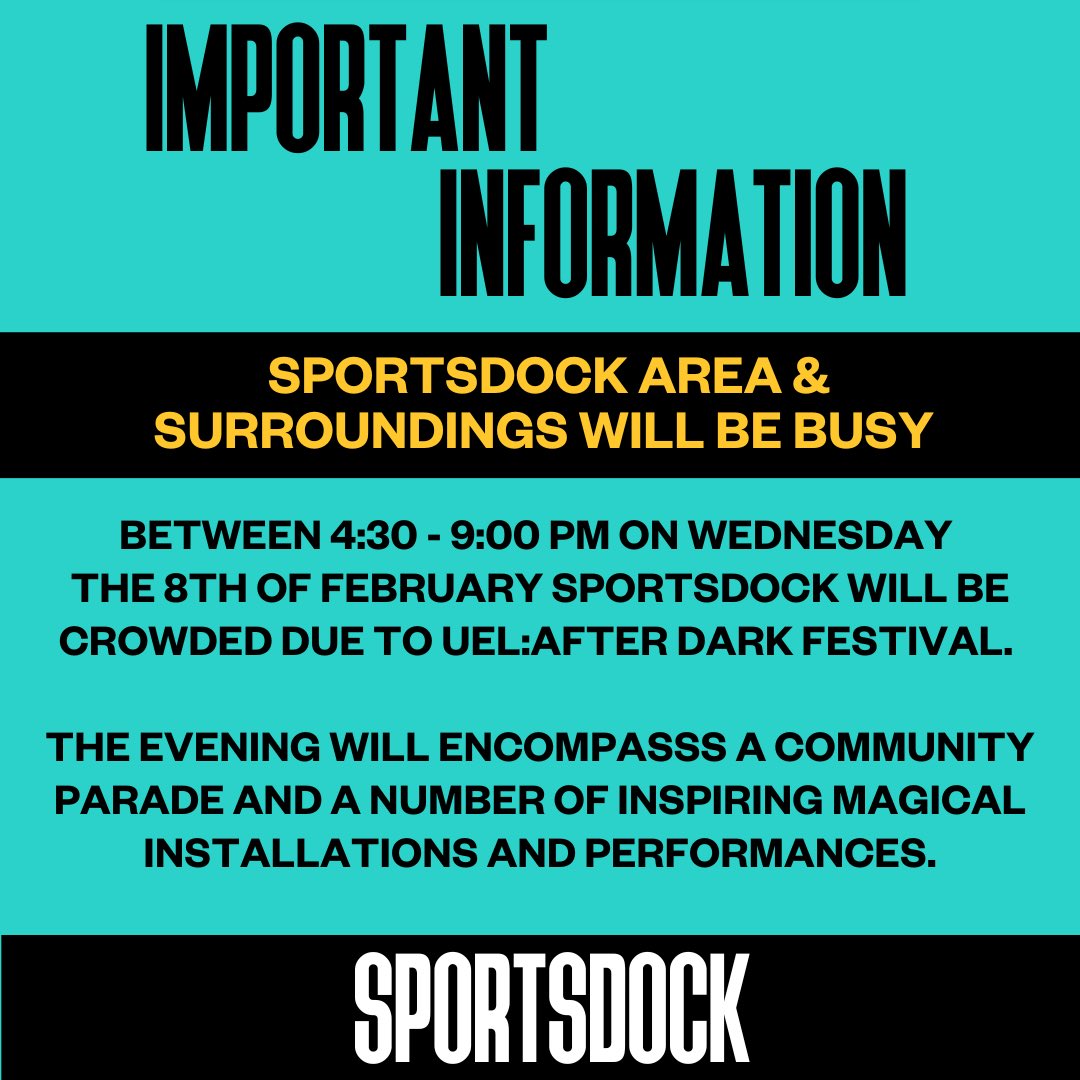 📣Tomorrow between 4:30 - 9:00pm SportsDock area and surroundings will be particularly busy due to our UEL:AfterDark festival 🎇