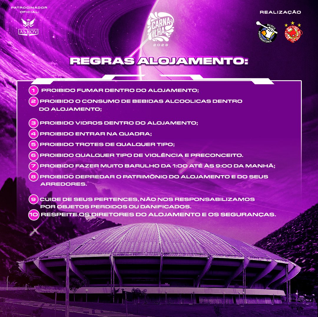 carnabrilha's tweet photo. 🛸ATENÇÃO 🛸

Se atente as regras e aos avisos do alojamento. Cuide do nosso querido Discão! 

🛒 Garanta agora seu pacote pelo site ou app Blacktag!

#carnailha #ilhasolteira #carnaval2023
#blocosuperbateria #bateradoinferno https://t.co/DImWNORSSQ