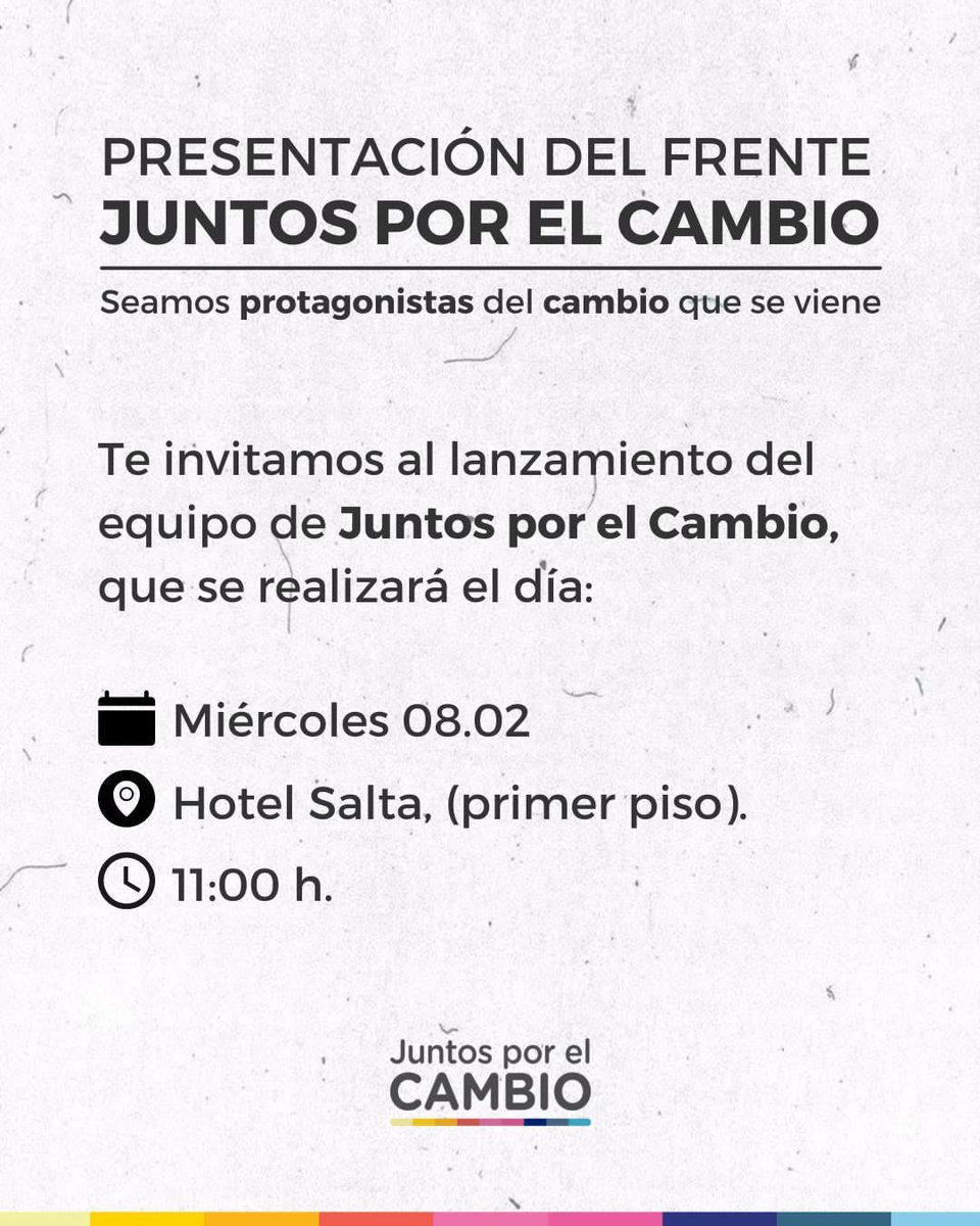 alepaa_'s tweet photo. PRESENTACIÓN DE JUNTOS POR EL CAMBIO EN SALTA 💪🏻🇦🇷
.
Mañana Miércoles 8/02 a las 11 hs en el Hotel Salta, se presentará el frente Juntos por el Cambio en Salta.
.
Están todos invitados a participar de la presentación!.
.
#pro #prosalta #juntosporelcambio #ucr https://t.co/lJXSJiafJ7
