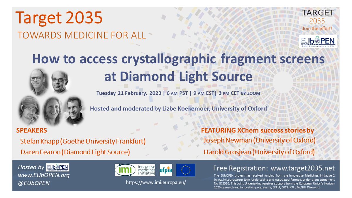 Register now for @target2035's upcoming webinar on February 21 and learn all you need for @XChem_DLS, a dedicated platform for crystallographic fragment screening. @Darenfearon @DiamondLightSou @KoekemoerLizbe @CmdOxford @EubOPEN bit.ly/3jBYlU6