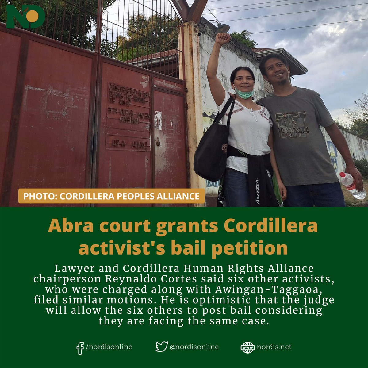 NEWS | After more than a week of detention at the Abra Provincial Jail, Cordillera activist Jennifer Awingan-Taggaoa gained her temporary freedom on January 7 after her family and colleagues raised the P100,000 bail set by the court. Read: tinyurl.com/y466xwhm
