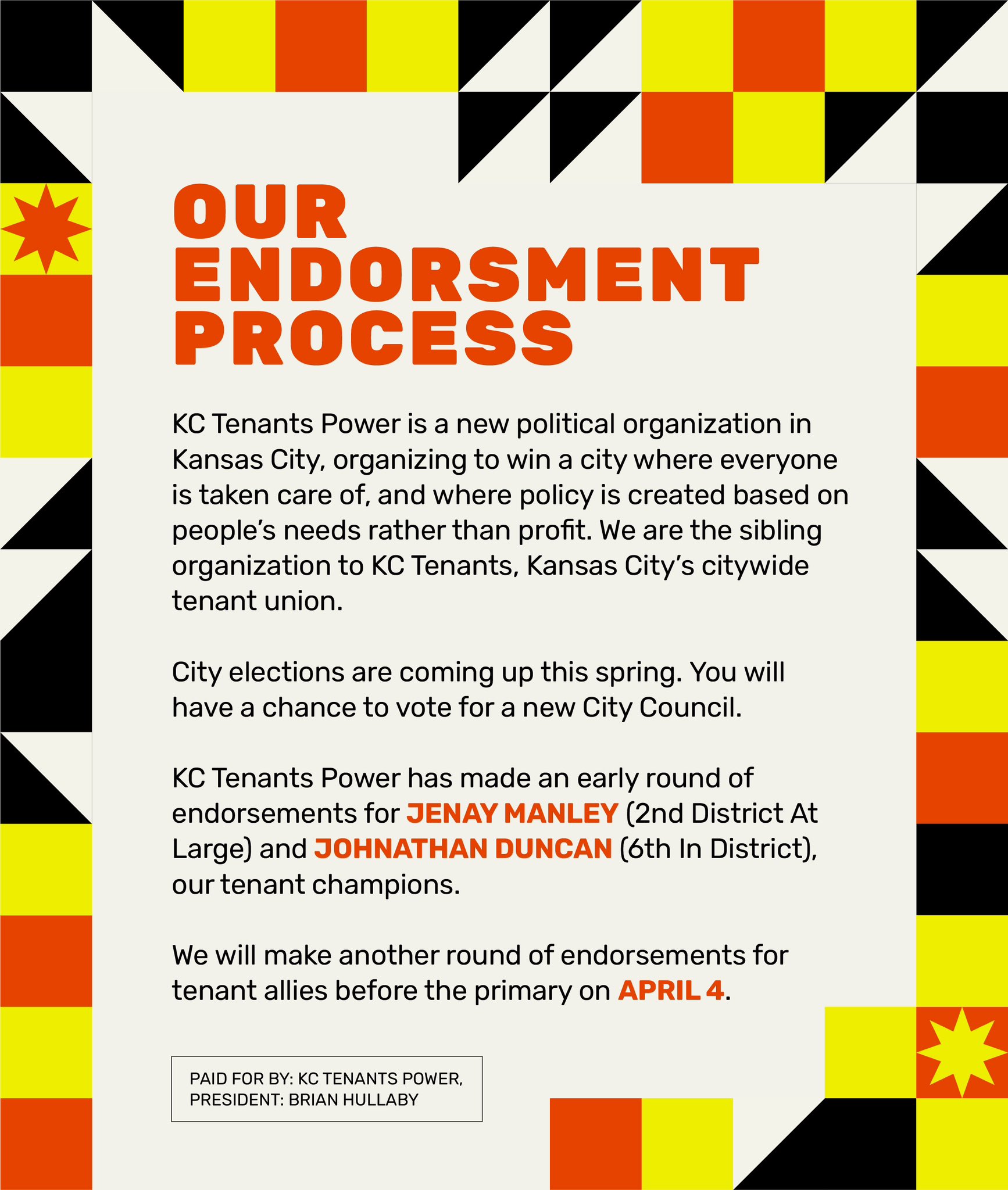 KC Tenants Power on Twitter "TENANT CHAMPS. Today we announced our first round endorsements for