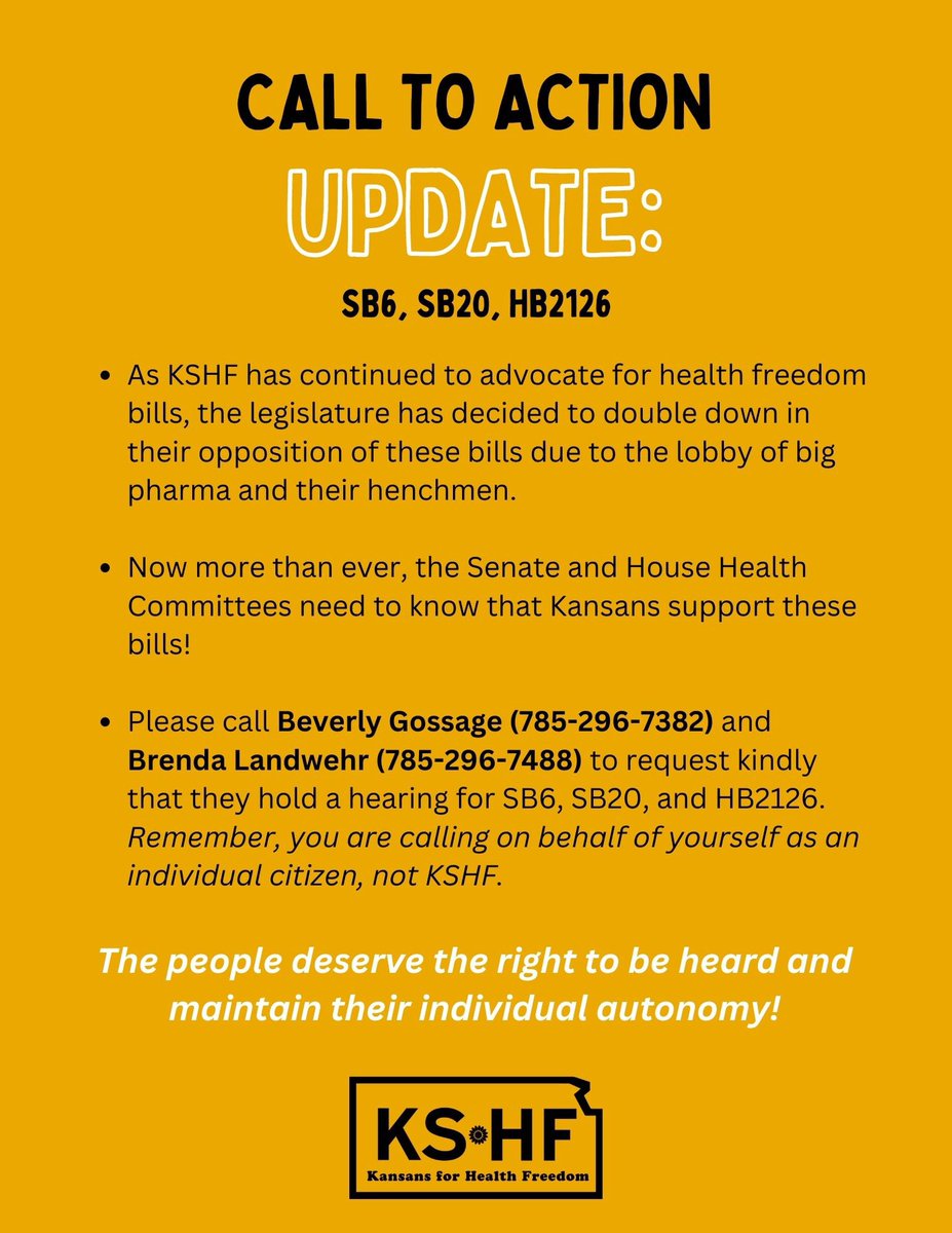 We urge you to continue to advocate for these health freedom bills by calling the health committee chairs and requesting a hearing for SB6, SB20, and HB2126!