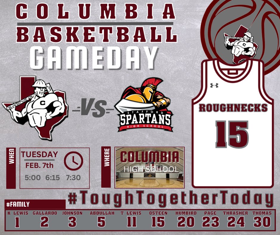 NecksHoops's tweet photo. 🚨G A M E D A Y 🚨
Necks 🏀🆚#9 Stafford
📍Columbia High School
⏰5:00- Freshmen
⏰6:15- JV
⏰7:30- Varsity
@CHS_Roughnecks @CBISDTx #RoughneckPride
#ToughTogetherToday #COMPETE #FAMILY https://t.co/RC19bNs33S