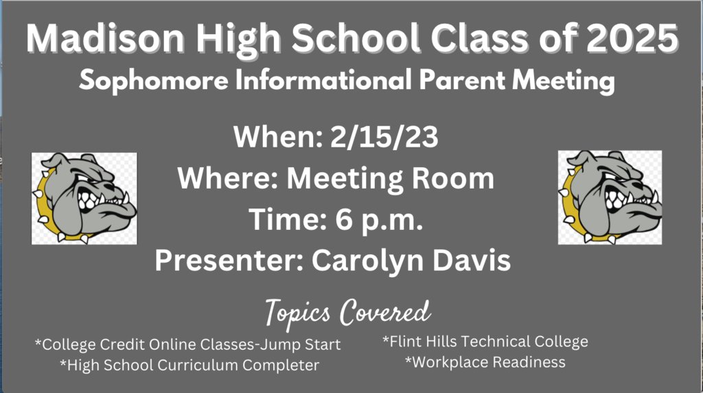 See the attached flyer about the upcoming Sophomore (c/o 2025) parent meeting February 15th.