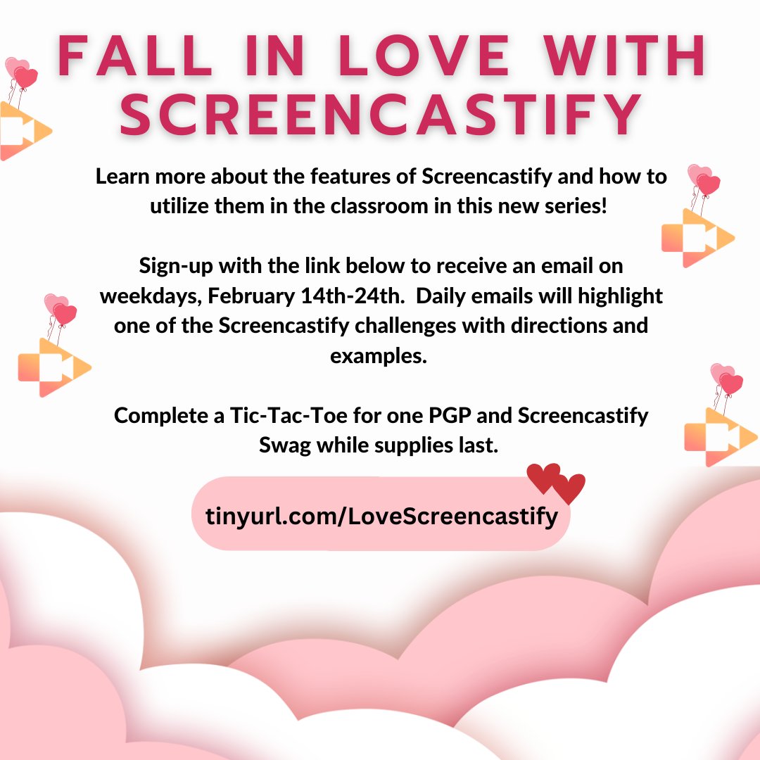 📢CCS Staff! Starting on February 14th - Fall in Love with Screencastify ❤

In this PD series, learn more about Screencastify tools and how to best utilize them in the classroom. Earn PGPs and Screencastify swag!

Sign-up for a Daily Email: tinyurl.com/LoveScreencast…