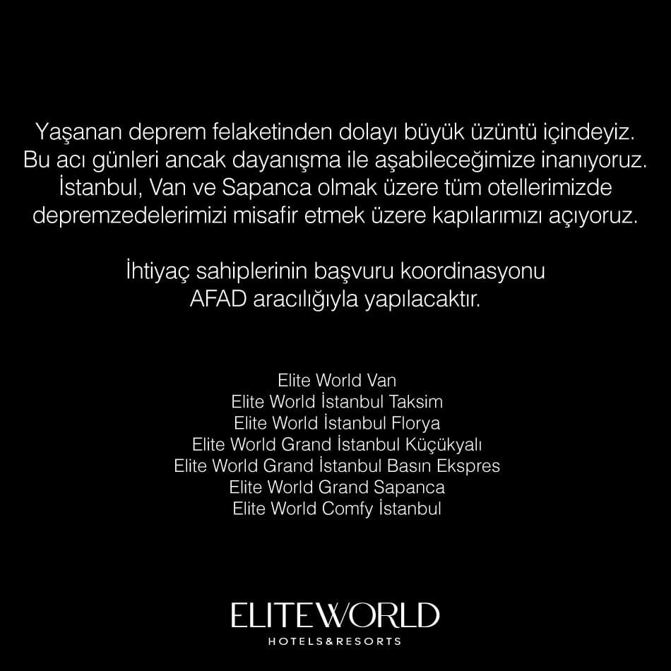 Gün dayanışma günü!!! Elite World olarak tüm otellerimizi AFAD aracılığıyla depremzedelerimize açıyoruz… <a href="/EliteWorldHotel/">Elite World Hotels&Resorts</a>