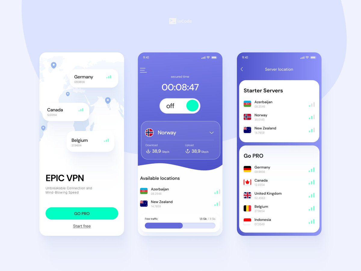 inCode_Systems's tweet photo. Playful interface design for a VPN service mobile application. Take a closer look at: https://t.co/o470xtQL87

#uiux #UIUXDesigner #webdevelopment #Webdesign #webdesigner #incodesystems #mobileapp #mobileappdesign #dribbble https://t.co/CQGKkm3ifr