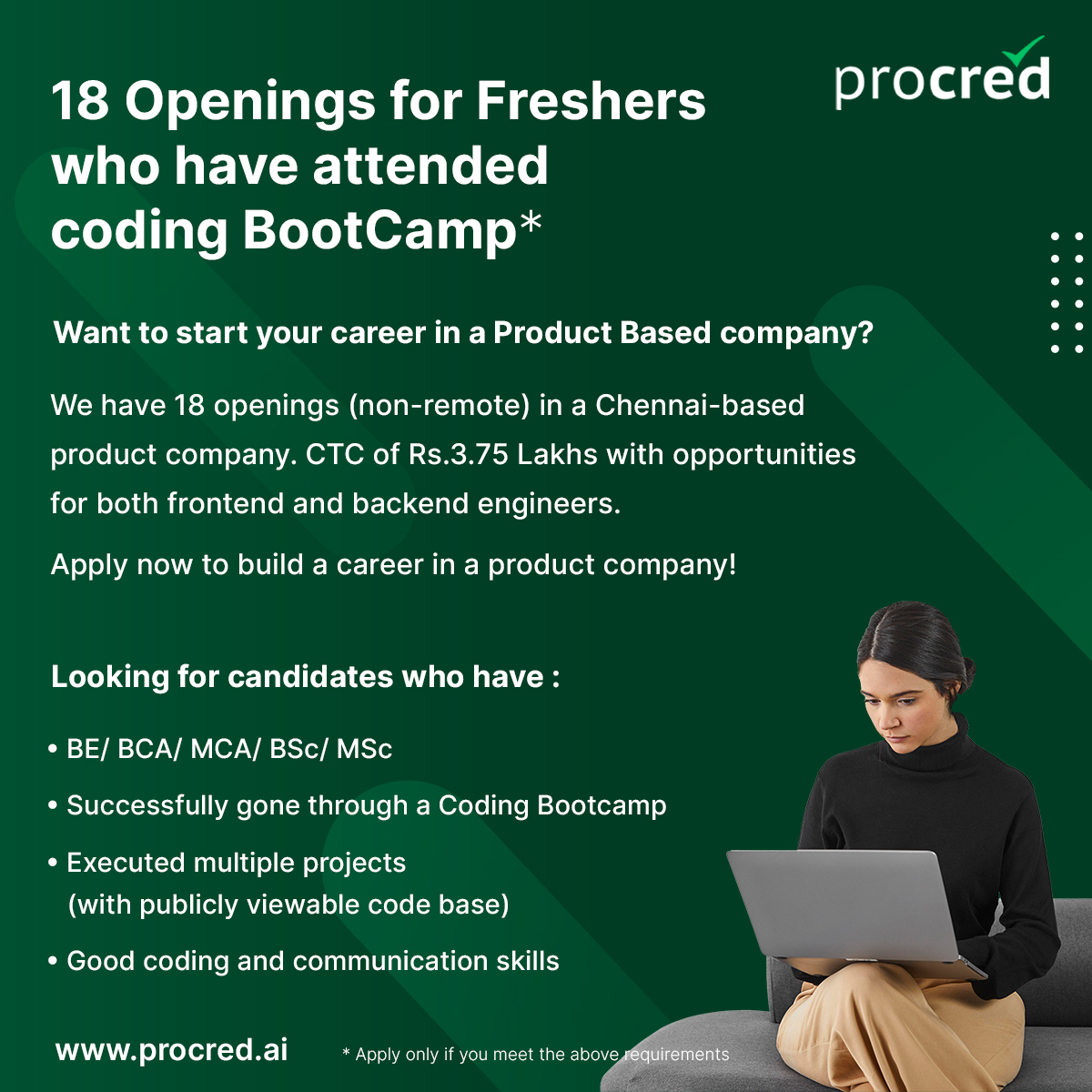 <a href="/procred_ai/">ProCred</a> has tied up with one company who has openings for 18 Freshers in Chennai. If you want to start your development career in a product company, this is a great opportunity! 

Apply Now at: 
docs.google.com/forms/d/e/1FAI…

#softwareengineer #frontend #javascript #webdev