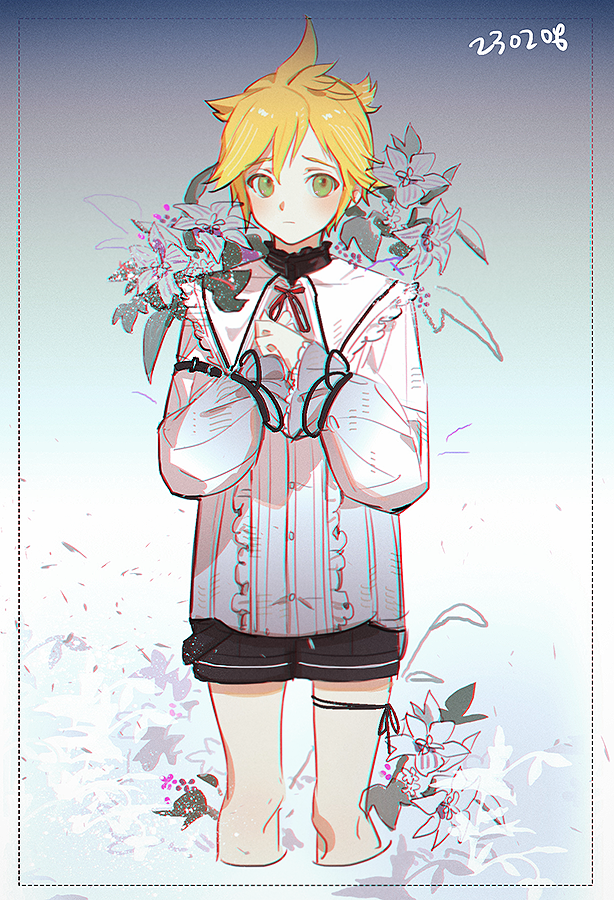 kagamine len 1boy blonde hair male focus flower spiked hair shorts shirt  illustration images