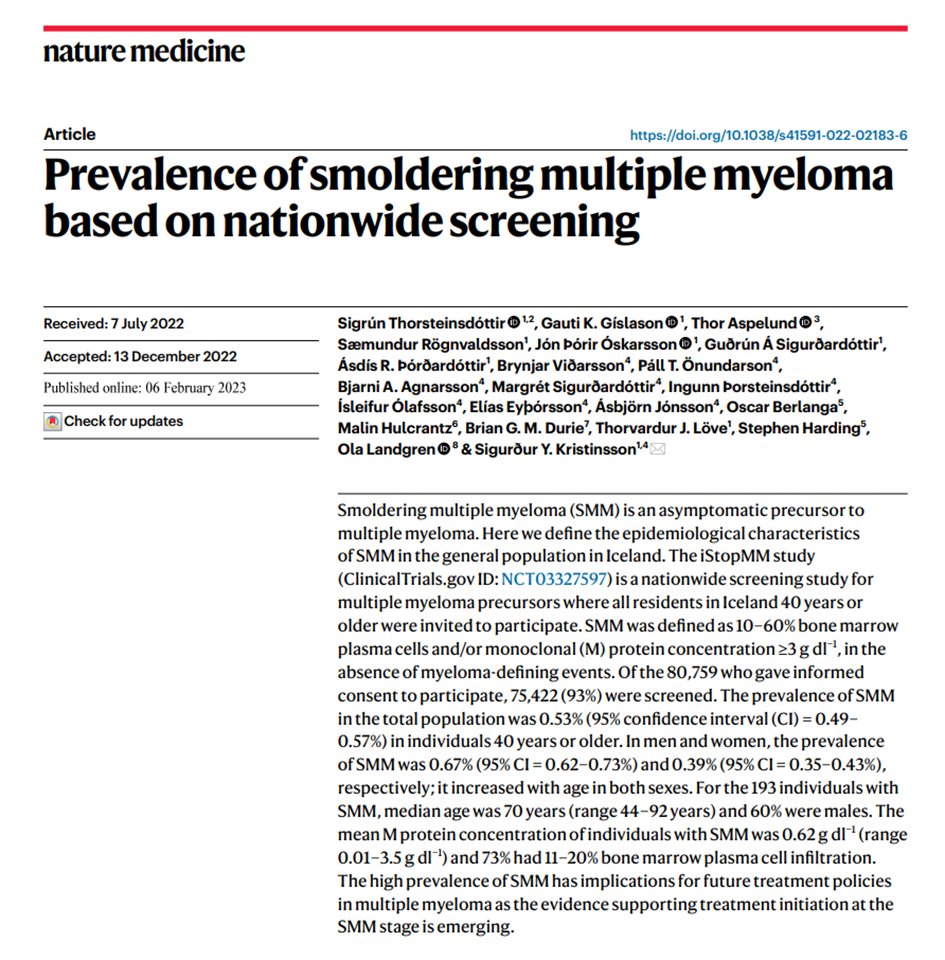The first study on the prevalence of smoldering myeloma just published in <a href="/NatureMedicine/">Nature Medicine</a> ! 

Full link: rdcu.be/c4026

We found the prevalence of SMM to be 0.5% in people &gt;40 years