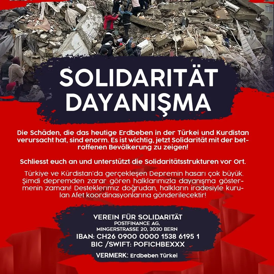 MigrantRota's tweet photo. Wir,  Migranten*innen aus der Türkei und Kurdistan, die in der Schweiz leben und Schweizer:innen rufen zur Solidarität mit den betroffenen Regionen auf. Ihre Spende wird an Solidaritätsstrukturen vor Ort weitergeleitet, die von betroffenen Menschen   gegründet wurden #Erdbeben https://t.co/g9HXbPE379