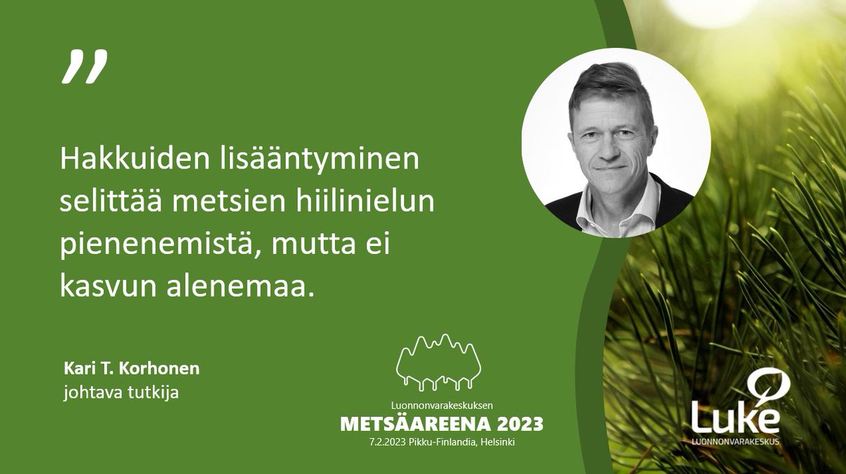 ”Hakkuut eivät selittäneet puuston kasvun alenemaa, mutta liian voimakkaat harvennukset ovat yleistyessään haitallisia metsien tuleville hakkuumahdollisuuksille ja hiilinieluille”, kertoo johtava tutkija <a href="/KariTKorhonen/">Kari T. Korhonen</a> Metsäareenassa. #MetsäAreena2023 #metsä #LULUCF 1/2